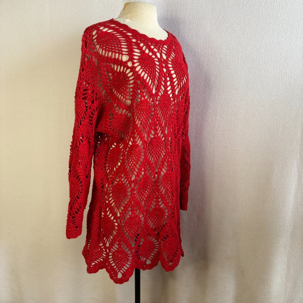 Red Open Work Knit Pullover Sweater - image 4